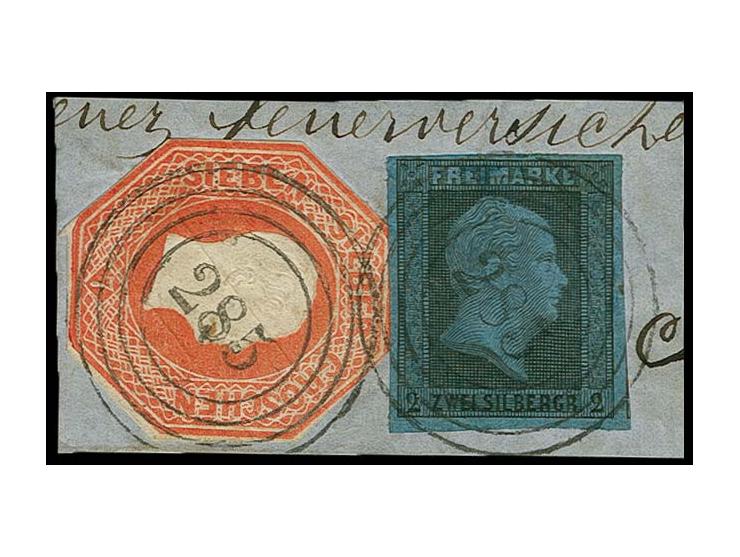 Ausschnitt 7 Sgr. orangerot, achteckig geschnitten zusammen mit Freimarke 2 Sgr. auf blau mit klarer Nr. "285" CROSSEN auf Br