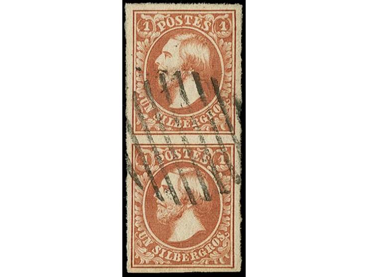 1 sgr. brownish-red, vertical pair with even large margins, neatly cancelled by central strike of circle of 9 bars, extremely