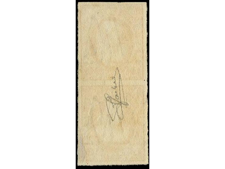 1 sgr. brownish-red, vertical pair with even large margins, neatly cancelled by central strike of circle of 9 bars, extremely
