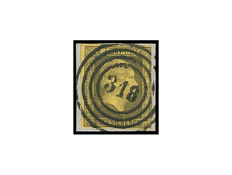 "318" HABENICHTS, zentrisch und klar auf 3 Sgr. auf gelb, rechts leicht berührt, sonst voll- bis breitrandig auf kleinem Brie