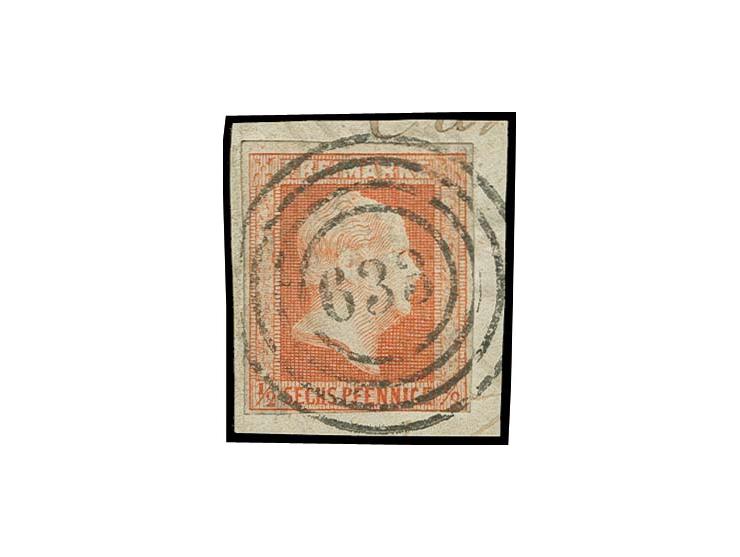 "633" AUF DER HÖHE, sauber und zentrisch auf ½ Sgr. rotorange, unten leicht berührt, auf Briefstück, gering unfrisch