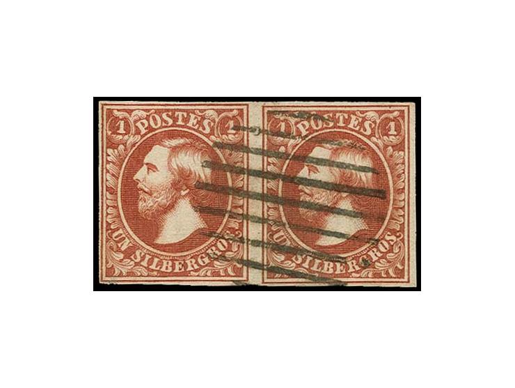 1 sgr. red-brown (sanguine), horizontal pair with ample to wide margins, very nicely cancelled by central circle of 9 bars, b