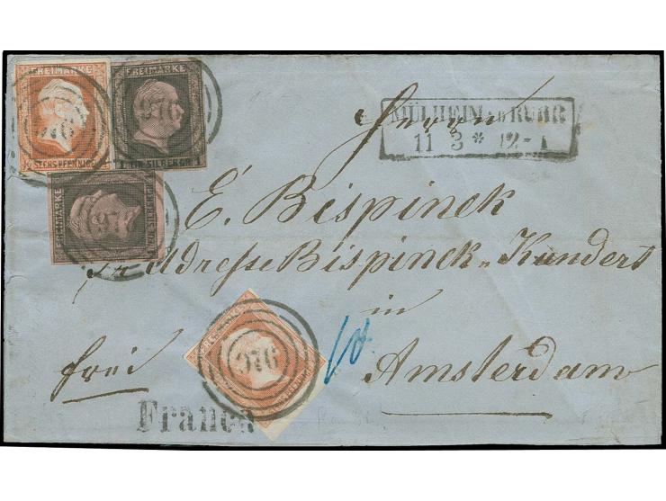 "976" MÜLHEIM A.D. RUHR, auf je 2 Einzelwerten ½ Sgr. rotorange und 1 Sgr. auf rosa, teils leicht berührt, eine ½ Sgr. vom un