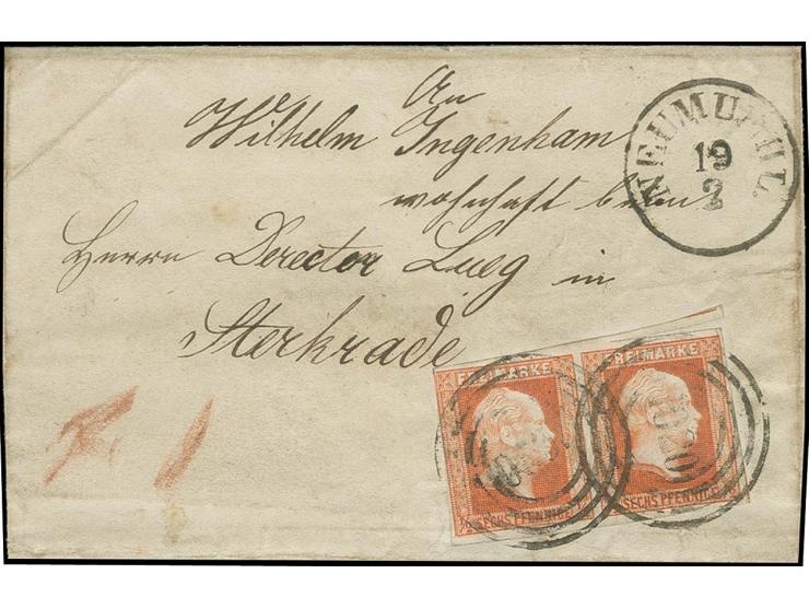 "1020" NEUMÜHL, zweimal abgeschlagen auf waagerechtem Paar ½ Sgr. rotorange, links mit der Randlinie geschnitten und eventuel