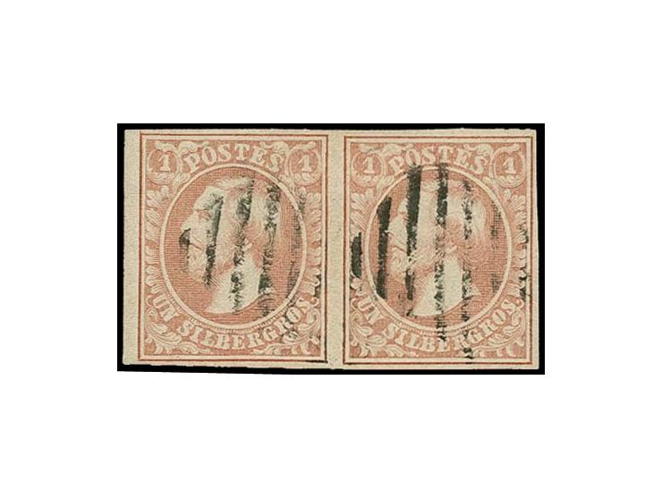 1 sgr. pale-salmon, horizontal pair with ample to large margins, cancelled by square of bars of La Rochette, fine, signed Goe