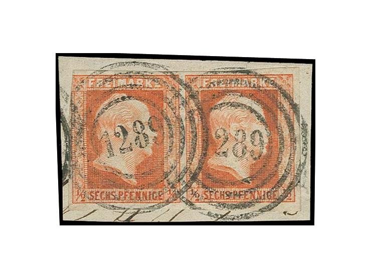 "1289" SAARN, zweimal sauber auf waagerechtem Paar ½ Sgr. rotorange, oben links kurz angeschnitten, sonst voll- bis meist bre