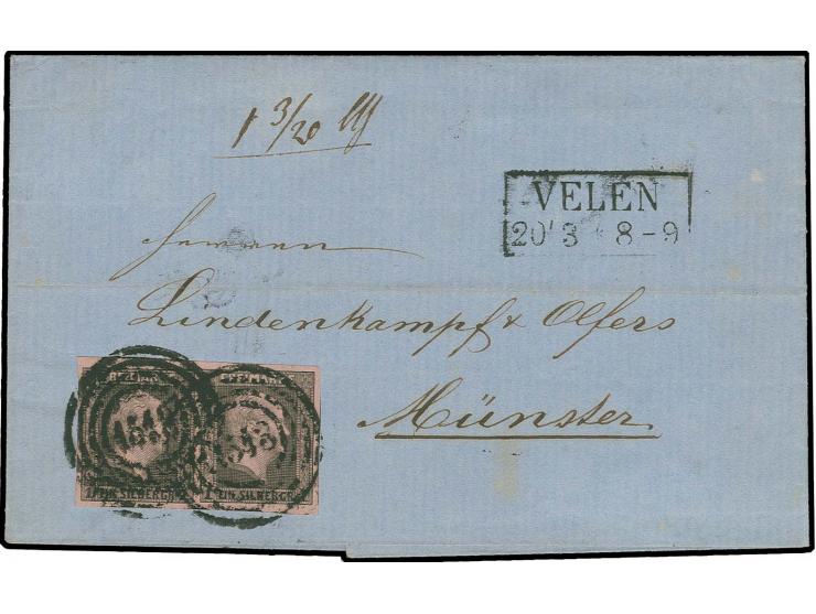 "1543" VELEN, zweimal etwas verwischt aber gut lesbar auf waagerechtem Paar 2 Sgr. auf rosa, allseits breitrandig mit sauber 