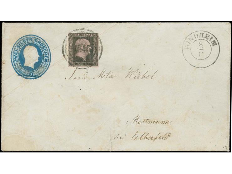 "1646" WINDHEIM, zentrisch auf 1 Sgr. auf rosa, oben etwas berührt, als Zufrankatur auf Ganzsachenumschlag 2 Sgr. blau mit sa