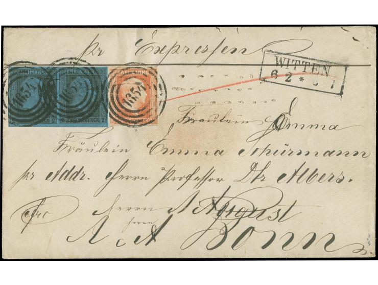 "1654" WITTEN, auf ½ Sgr. orange und waagerechtem Paar 2 Sgr. auf blau, voll- bis breitrandig auf Express-Briefkuvert mit neb