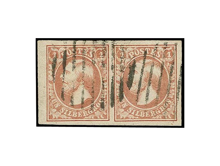 1 sgr. salmon, horizontal pair with large margins all around, small sheet margin at left, cancelled by circle of 9 bars, very