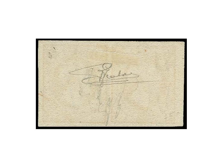 1 sgr. salmon, horizontal pair with large margins all around, small sheet margin at left, cancelled by circle of 9 bars, very