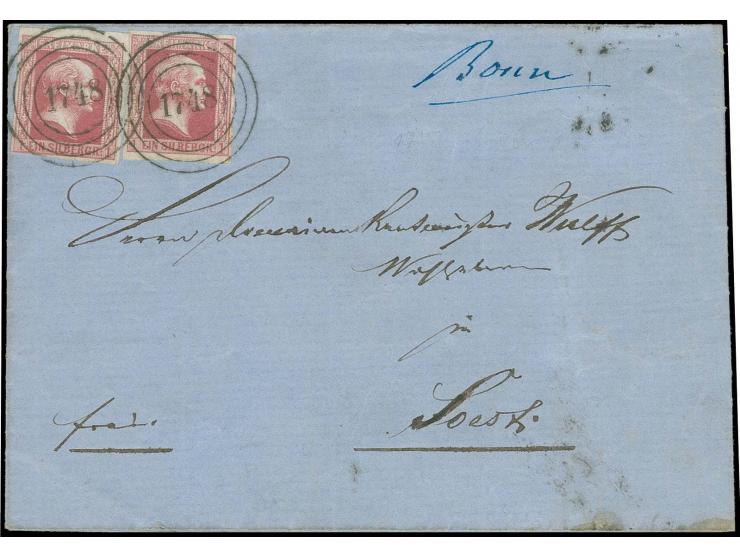 "1748" POST-SPEDITIONS-AMT NR. 10 (KÖLN), in Type V zweimal glasklar auf glatter Grund 1 Sgr. dunkelrosa, voll- bis meist bre