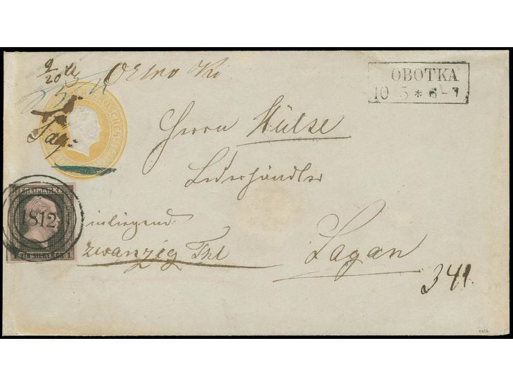 "1812" SOBOTKA, glasklar auf 1 Sgr. auf rosa, voll- bis überrandig als Zufrankatur auf Ganzsachenumschlag 3 Sgr. mit sauber n