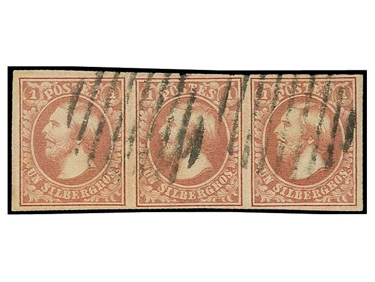 1 sgr. salmon, horizontal strip of 3 with clear to wide margins, cancelled by 2 clear strikes of circle of 9 bars, very fine,
