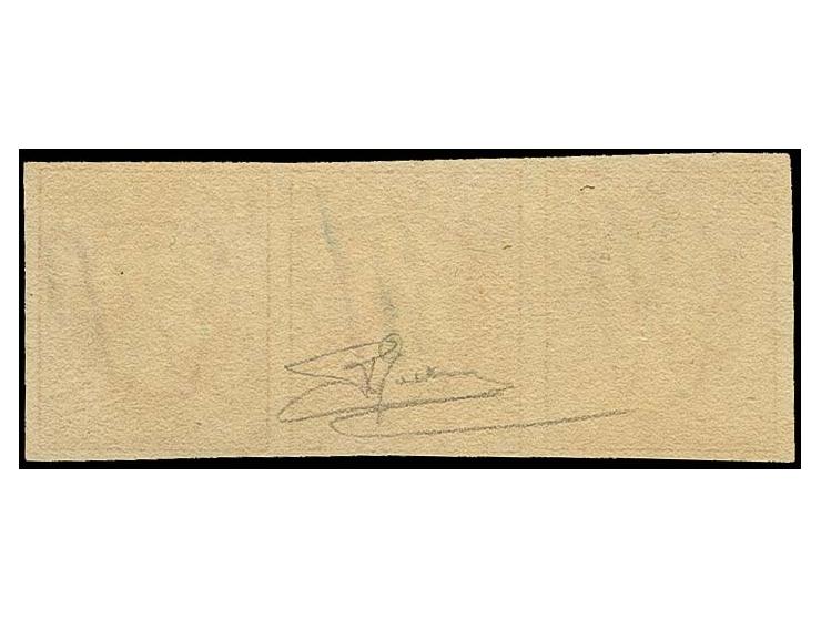 1 sgr. salmon, horizontal strip of 3 with clear to wide margins, cancelled by 2 clear strikes of circle of 9 bars, very fine,