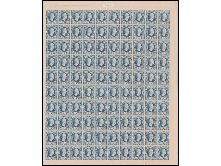 1851, August 3 Ngr. blau im vollständigen Probedruckbogen von 100 Werten mit allseits breiten Bogenrändern, ungummiert, durch
