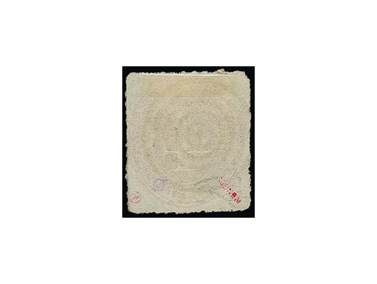 4 Sch. karminrot mit zentrisch klarem Fünfringstempel mit Punkt von Hadersleben, Marke mit kleinen Durchstichunebenheiten und
