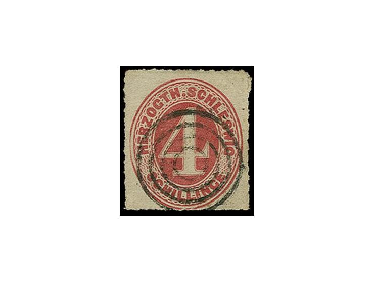 1864, 4 Sch. karminrot mit zentrischem stummen Vierringstempel der Bahnpost Rendsburg-Neumünster, Pracht, sign. W. Engel und 