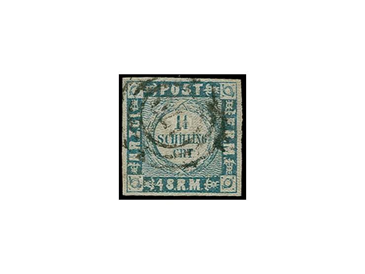 1864, 1¼ Sch. mit weit gewelltem Grund, allseits gleichmäßig gut gerandet, entwertet durch Nr. "170" des holsteinischen Bahnp