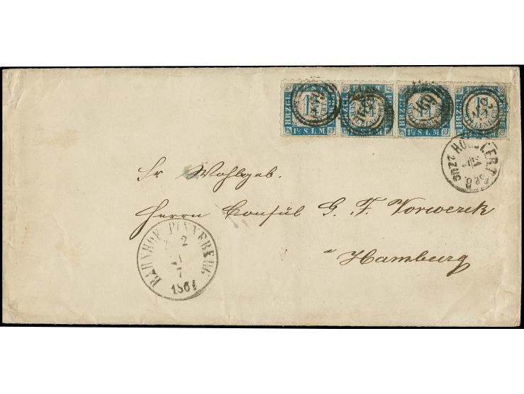 1¼ Sch. blau/weißrosa im waagerechten 4er-Streifen, farbfrisch und einwandfrei durchstochen mit Nr. "169" und teils übergehen