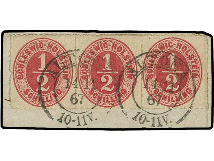 1865, ½ Sch. rosalila im waagerechten 3er-Streifen, farbfrisch und gut durchstochen mit zweimal sauber aufgesetztem DKr. "ALT