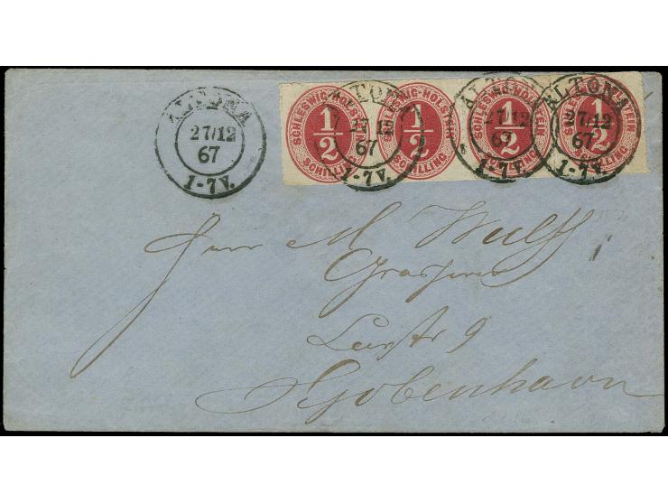 1865, ½ Sch. rosalila im waagerechten 4er-Streifen, farbfrisch und gut durchstochen mit dreimal sauber auf- und zusätzlich ne