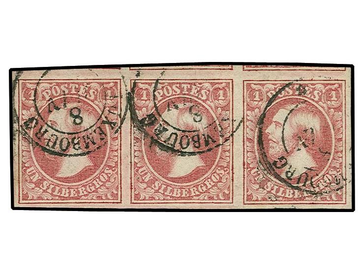  1 sgr. karmin rose, horizontal strip of 3 with good to enormous margins,  used with cds. of Luxembourg, very fine, signed Go