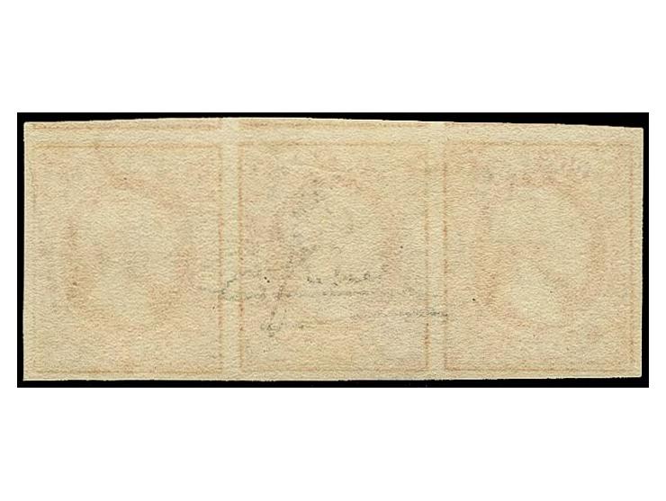  1 sgr. karmin rose, horizontal strip of 3 with good to enormous margins,  used with cds. of Luxembourg, very fine, signed Go