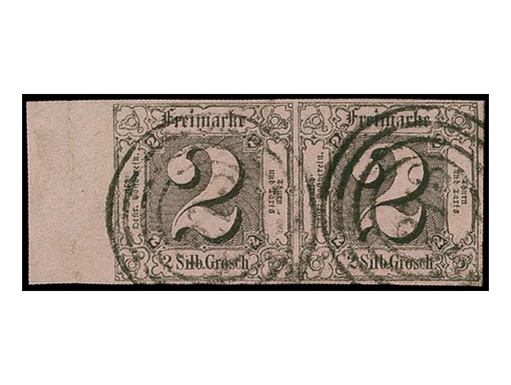 1852/58, 2 Sgr. auf graurot im waagerechten Paar, farbfrisch, voll- bis überrandig, links mit ca. 10 mm Bogenrand, sauber ges