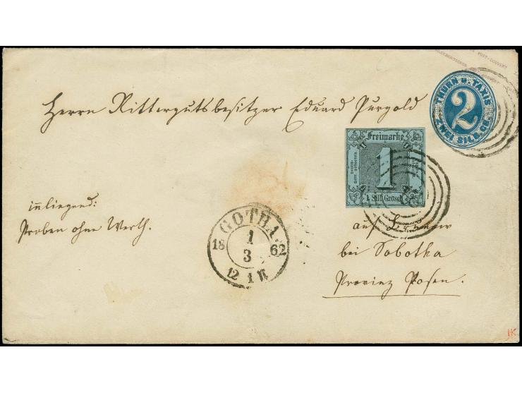 1853, Farbänderung 1 Sgr. auf hellblau, voll- bis breitrandig mit Nr. "273" auf Ganzsachenumschlag 1861, 2 Sgr. blau im Klein