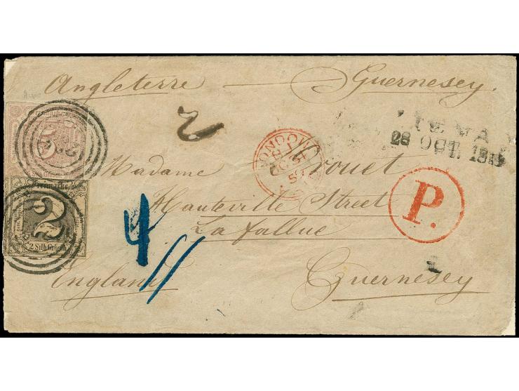 5 Sgr. violett, voll- bis breitrandig und 1852/58, 2 Sgr. a. graurot in gutem Taxis-Schnitt, mit Nr. "234" und nebengesetztem