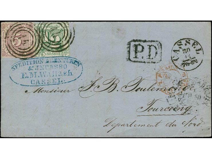 1859/61, 5 Sgr. braunpurpur und ½ Sgr. grün mit Nr. "14" auf kpl. Faltbrief der 1. Gewichtsstufe von "CASSEL 30 11" (1860) na