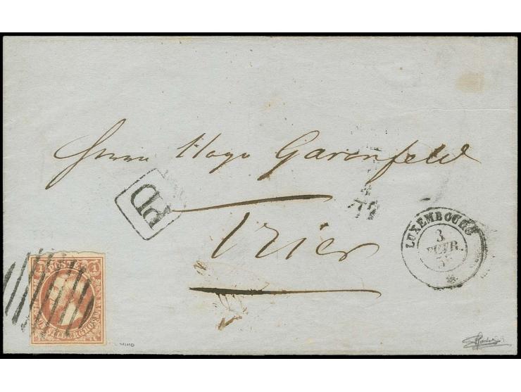1 sgr. salmon, clear to wide margins, tied by clear circle of 9 bars to lettersheet from "LUXEMBOURG 2 FEVR. 55" to Trier wit