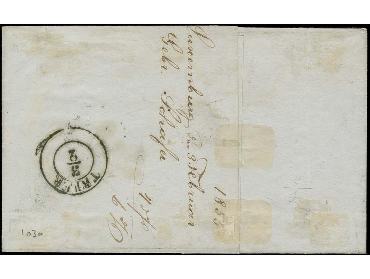 1 sgr. salmon, clear to wide margins, tied by clear circle of 9 bars to lettersheet from "LUXEMBOURG 2 FEVR. 55" to Trier wit