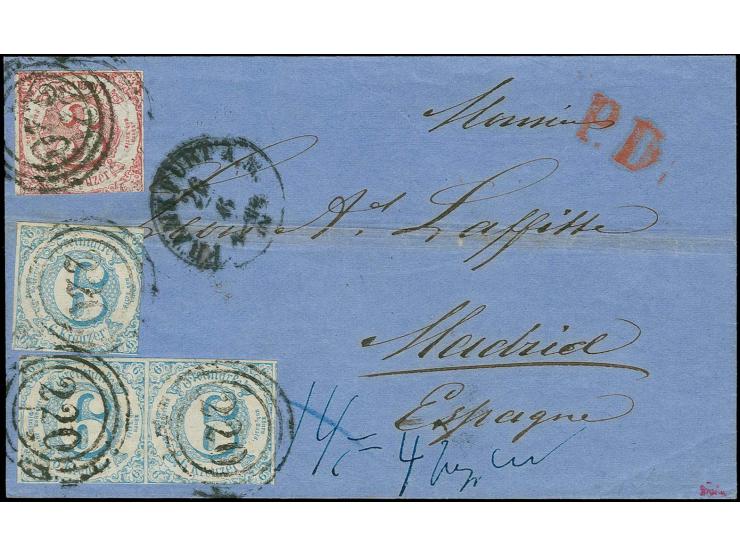 1862/64, 3 Kr. karminrot und Einzelwert und waagerechtes Paar 3 Kr. blau mit Nr. "220" und nebengesetztem EKr. von Frankfurt 