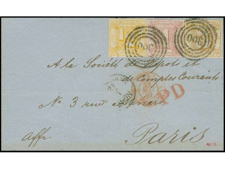  1866, ½ Sgr. orange, 1 Sgr. rosa und 3 Sgr. ockerbraun mit Nummer "300" und nebengesetztem EKr. von Hamburg auf Briefhülle n