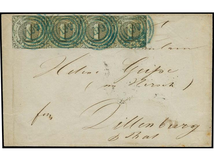 "199" NIEDERLAHNSTEIN in blau, 4 saubere Abschläge auf waagerechtem 4er-Streifen 1852/58, 1 Kr. auf olivgrau auf Briefhülle o