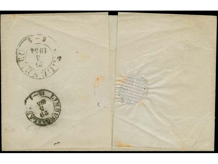"199" NIEDERLAHNSTEIN in blau, 4 saubere Abschläge auf waagerechtem 4er-Streifen 1852/58, 1 Kr. auf olivgrau auf Briefhülle o