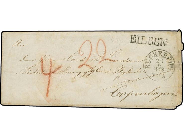 "EILSEN", Postablage-L1 sauber auf kleinem Portobrief mit sauber nebengesetztem EKr. "BÜCKEBURG 27 6 1858" nach Kopenhagen, t