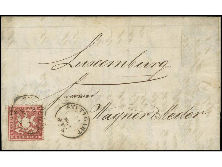 1861, 9 Kr. lilarot mit DKr. von Stuttgart auf kpl. Faltbrief nach Luxemburg mit Transit- und Ankunftsstempeln; seltene Desti