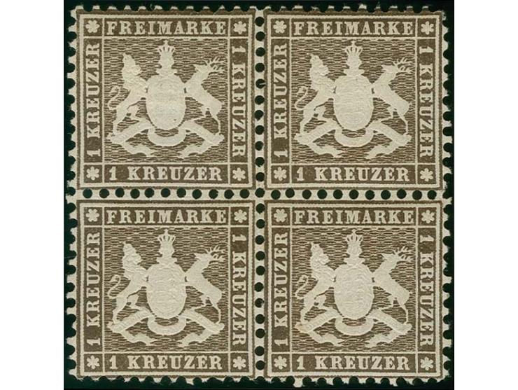 1862, 1 Kr. schwarzbraun im 4er-Block, farbfrisch und bis auf unauffällige und übliche Einschränkungen der oberen Eckzähne de