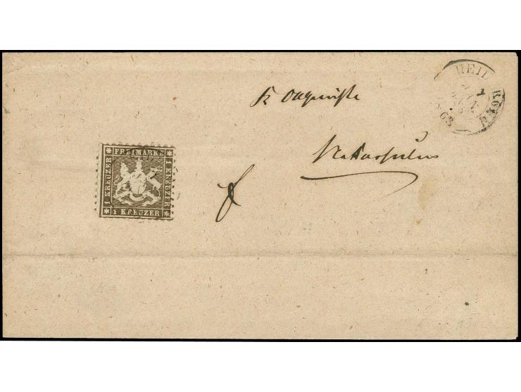 1 Kr. dunkelgraubraun, links unten mit Eckfehler, sonst gut gezähnt mit DKr. "HEILBRONN 7.JAN.1863" auf Briefhülle im Nachbar