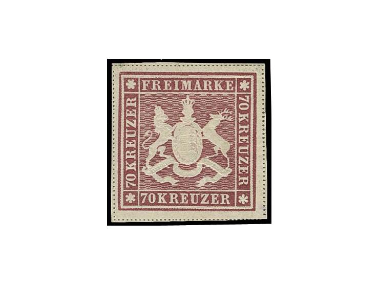 70 Kr. tiefrotlila, ungewöhnlich farbtief und allseits breitrandig mit 4 Punktlinien, ungebraucht mit Originalgummi (kleine g