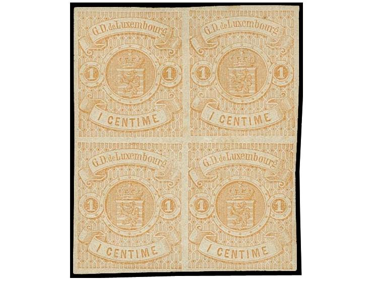 1859, coat of arms imperforated 1 c. yellow-brown, block of 4 with clear to large margins, unused with original gum; bottom l