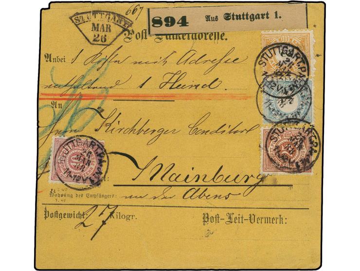1881, 5 M. mittelgrünlichblau/schwarz zusammen mit 2 M. gelborange/schwarz, 25 Pfg. braunorange und 10 Pfg. karmin, alle farb
