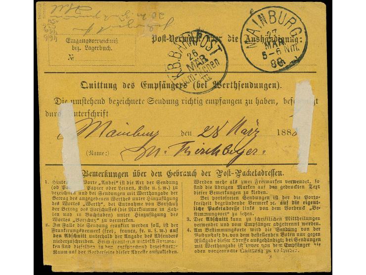 1881, 5 M. mittelgrünlichblau/schwarz zusammen mit 2 M. gelborange/schwarz, 25 Pfg. braunorange und 10 Pfg. karmin, alle farb