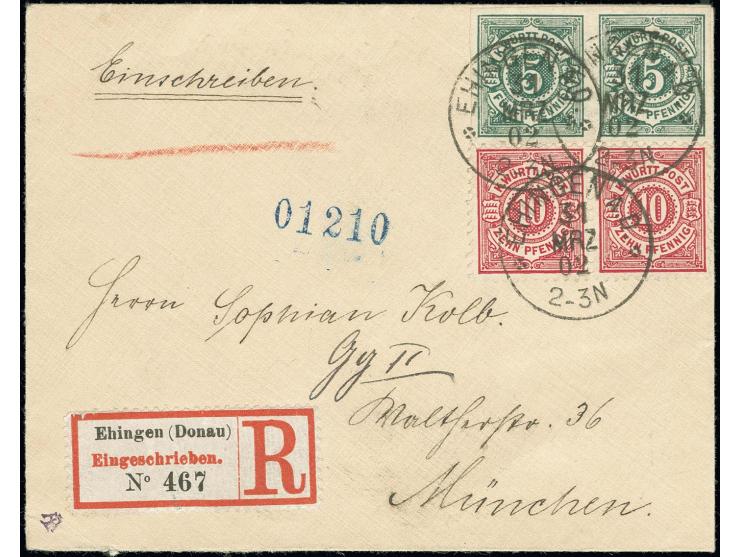1890, 5 Pfg. grün ungezähnt, waagerechtes Paar zusammen mit 2 Stück 10 Pfg. als portogerechte Frankatur auf R-Brief von "EHIN