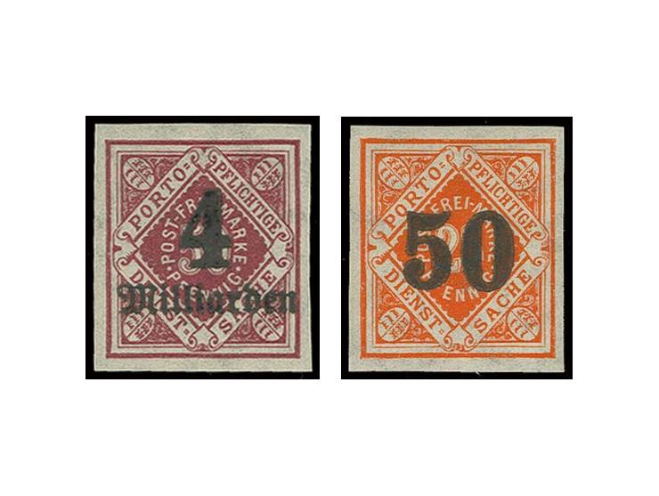 1922/23, Aufdruckausgabe 5 M.-10 Mrd. M. sowie neue Währung 3-50 Pfg. kpl. als ungezähnte Probedrucke, postfrisch, teils priv