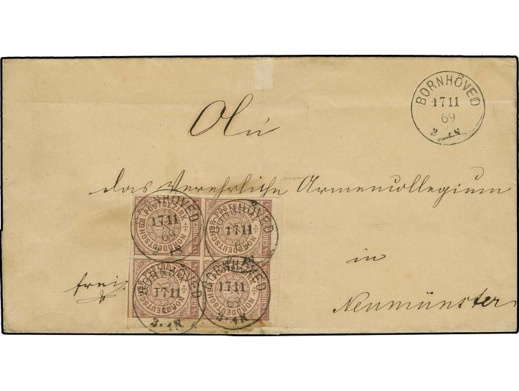 ¼ Gr. braunviolett, 4er-Block aus der linken unteren Bogenecke mit kurzem Bogenrand mit EKr. "BORNHÖVED 17 11 69" auf Faltbri