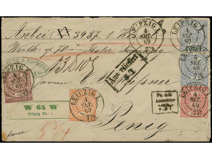 ¼ Gr. bräunlichlila und gezähnte Ausgabe ½ Gr. orange, 1 Gr. karmin und 2 Gr. grauultramarin (2) mit Sachsen-DKr. "LEIPZIG I 